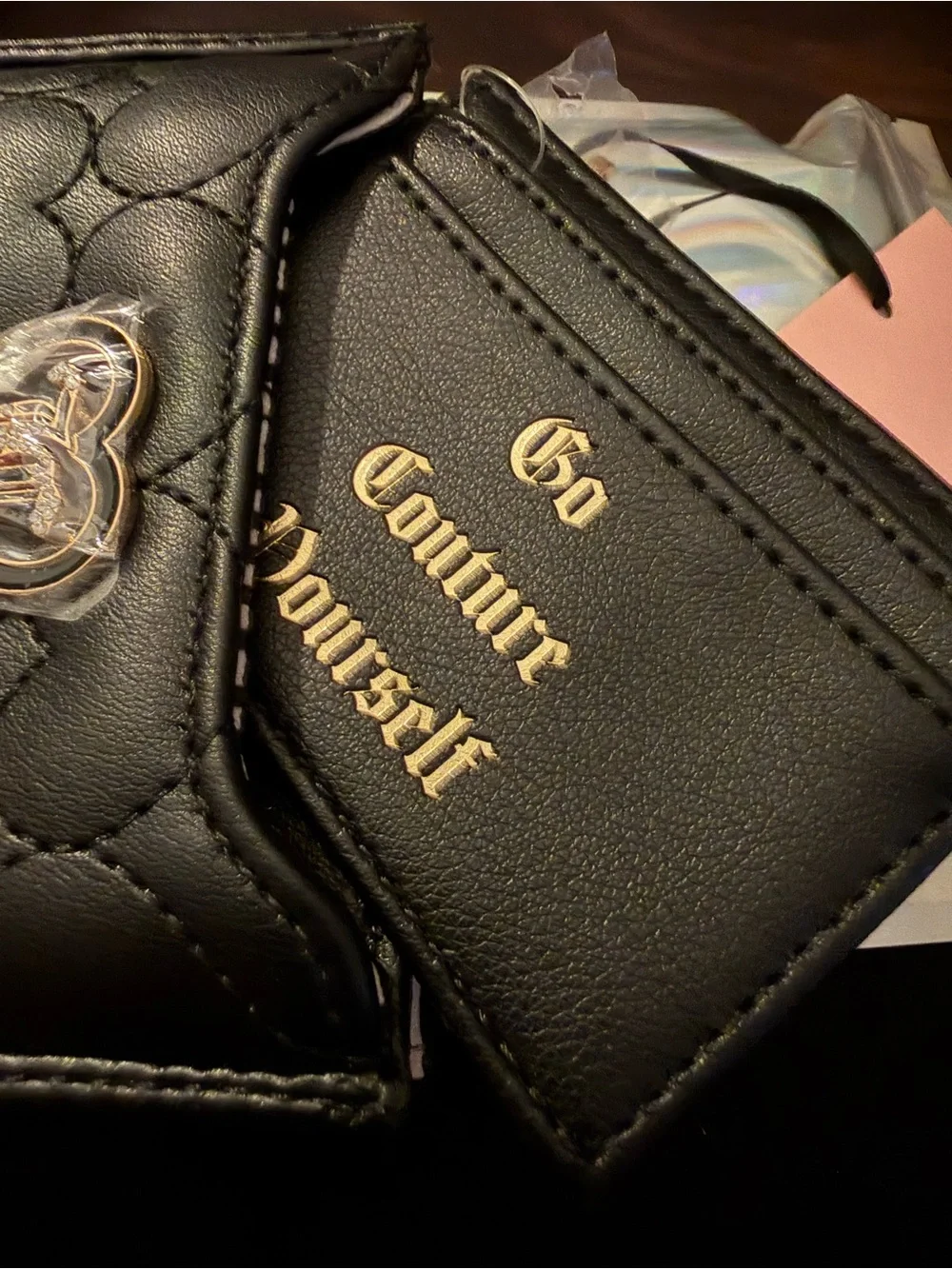 Juicy Couture Black Quilted Heart Zip Card Holder with Heart Charm